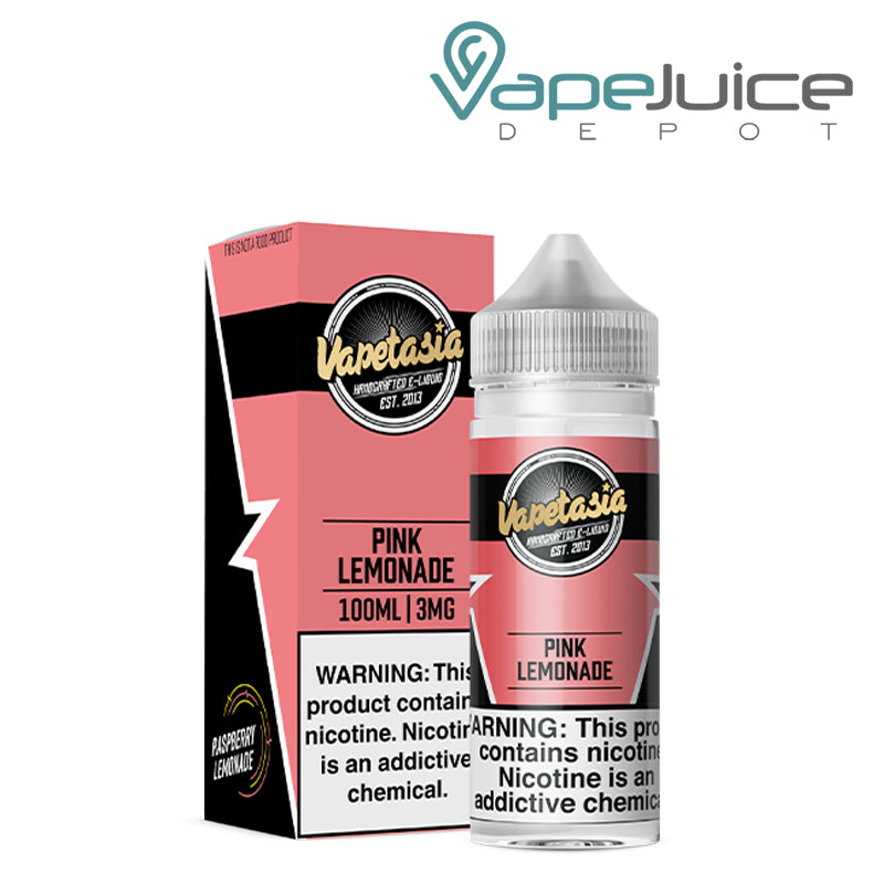 A box of Pink Lemonade Vapetasia eLiquid and a 100ml bottle with a warning sign next to it - Vape Juice Depot