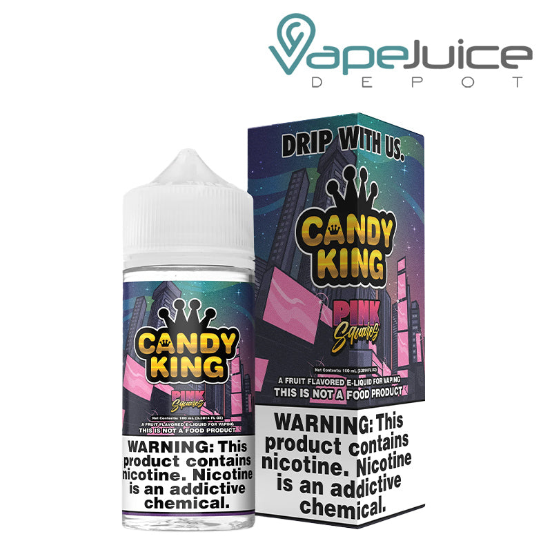 A 100ml bottle of Pink Squares Candy King eLiquid and a box with a warning sign next to it - VapeJuice Depot