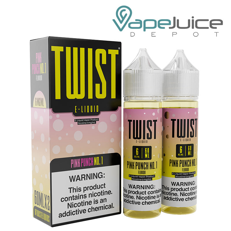 A box of Pink Punch No. 1 Twist 6mg e-Liquid with a warning sign and two 60ml bottles next to it - Vape Juice Depot