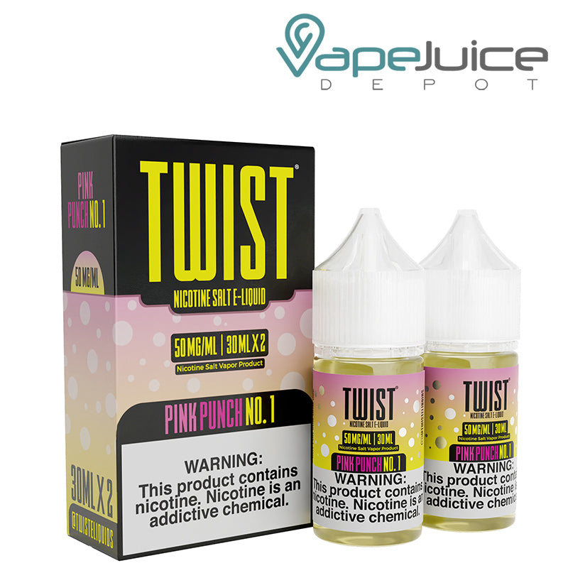 A box of Pink Punch No 1 Twist Salt 50mg e-Liquid with a warning sign and two 30ml bottles next to it - Vape Juice Depot