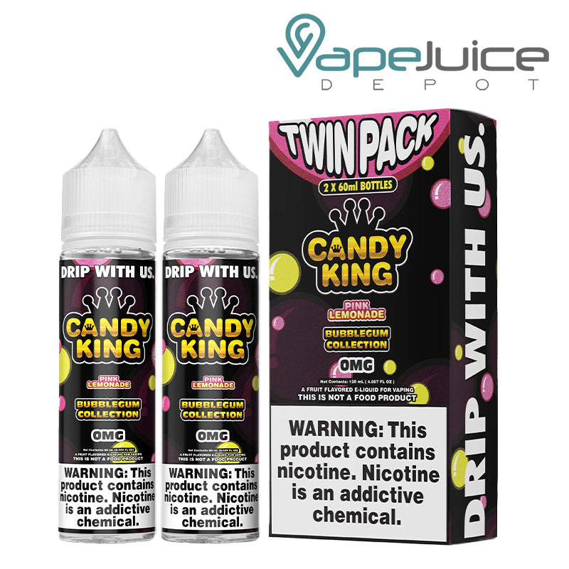 Two 60ml bottles of Pink Lemonade Candy King Bubblegum and a box with a warning sign next to it - Vape Juice Depot