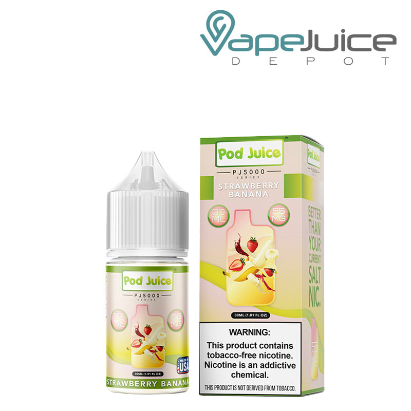 A 30ml bottle of Strawberry Banana Pod Juice PJ 5000 Series TFN Salt and a box with a warning sign next to it - Vape Juice Depot