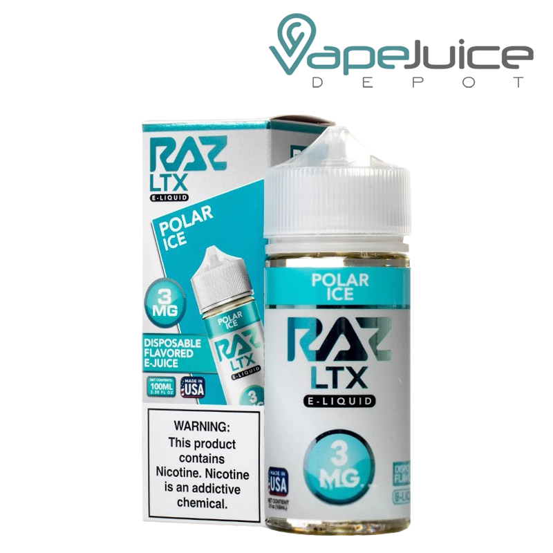 A box of Polar Ice Pod Juice x Raz LTX eLiquid with a warning sign and a 100ml bottle next to it - Vape Juice Depot