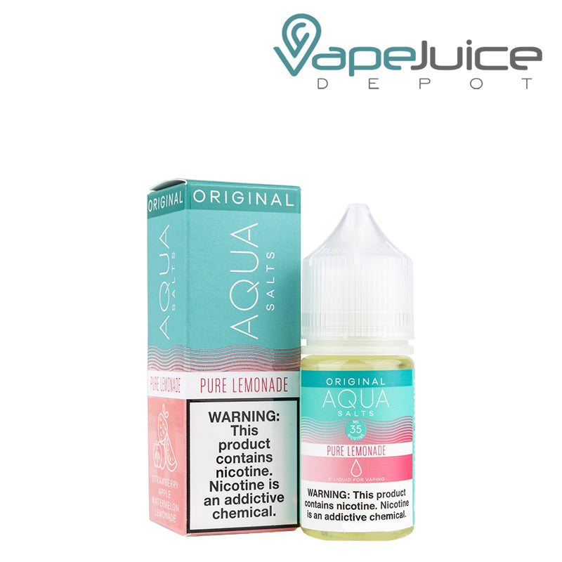A box of Pure Lemonade AQUA Synthetic Salts 35mg with a warning sign and a 30ml bottle next to it - Vape Juice Depot