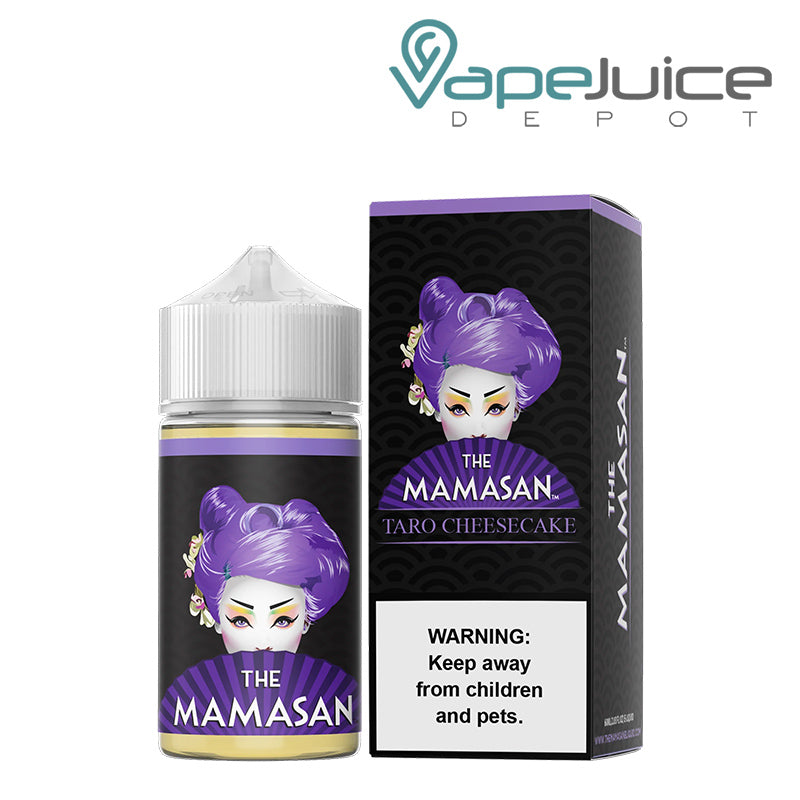 A 60ml bottle of Purple Cheesecake The Mamasan eLiquid and a box with a warning sign next to it - Vape Juice Depot