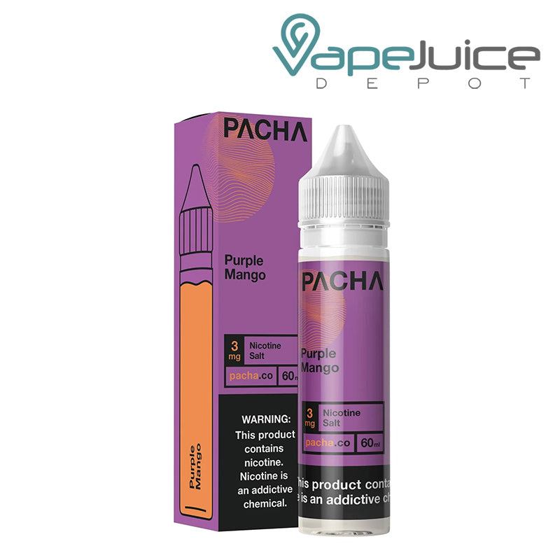A box of Purple Mango PachaMama eLiquid with a warning sign and a 60ml bottle next to it - Vape Juice Depot
