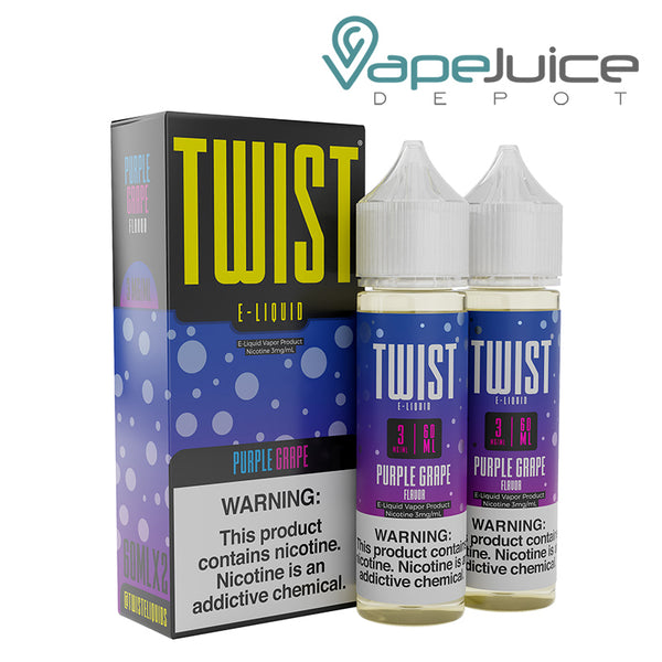 A box of Purple Grape Twist 3mg E-Liquid with a warning sign and two 60ml bottles next to it - Vape Juice Depot