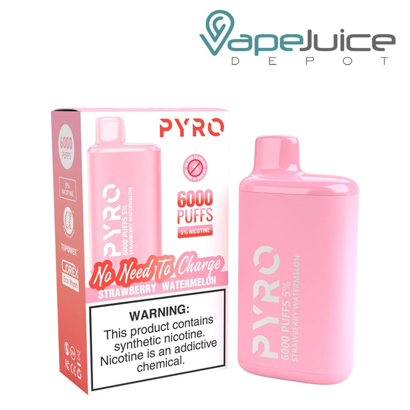 A box of Strawberry Watermelon Pyro Tech 6000 Disposable with a warning sign and a Disposable next to it - Vape Juice Depot