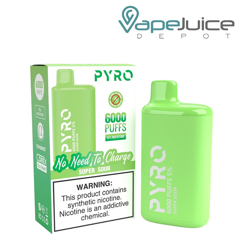 A box of Super Sour Pyro Tech 6000 Disposable with a warning sign and a Disposable next to it - Vape Juice Depot