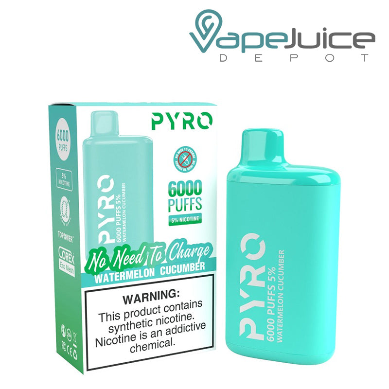 A box of Watermelon Cucumber Pyro Tech 6000 Disposable with a warning sign and a Disposable next to it - Vape Juice Depot
