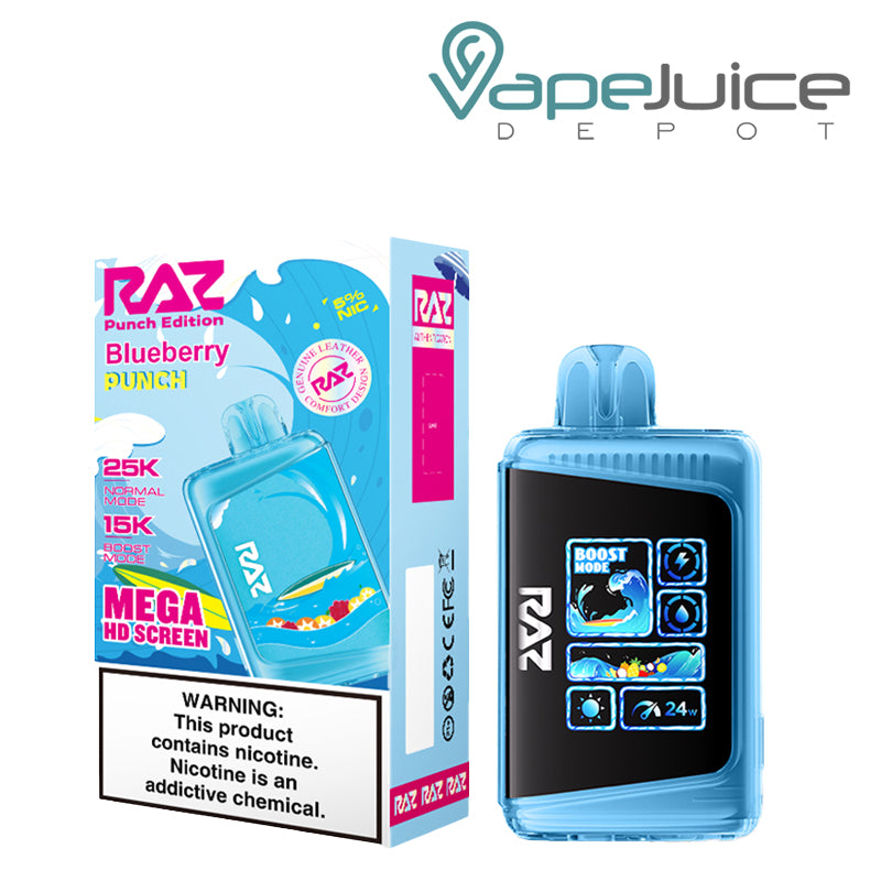 A Box of Blueberry Punch RAZ LTX25000 Disposable Vape with a warning sign and a disposable with Mega HD Screen next to it - Vape Juice Depot