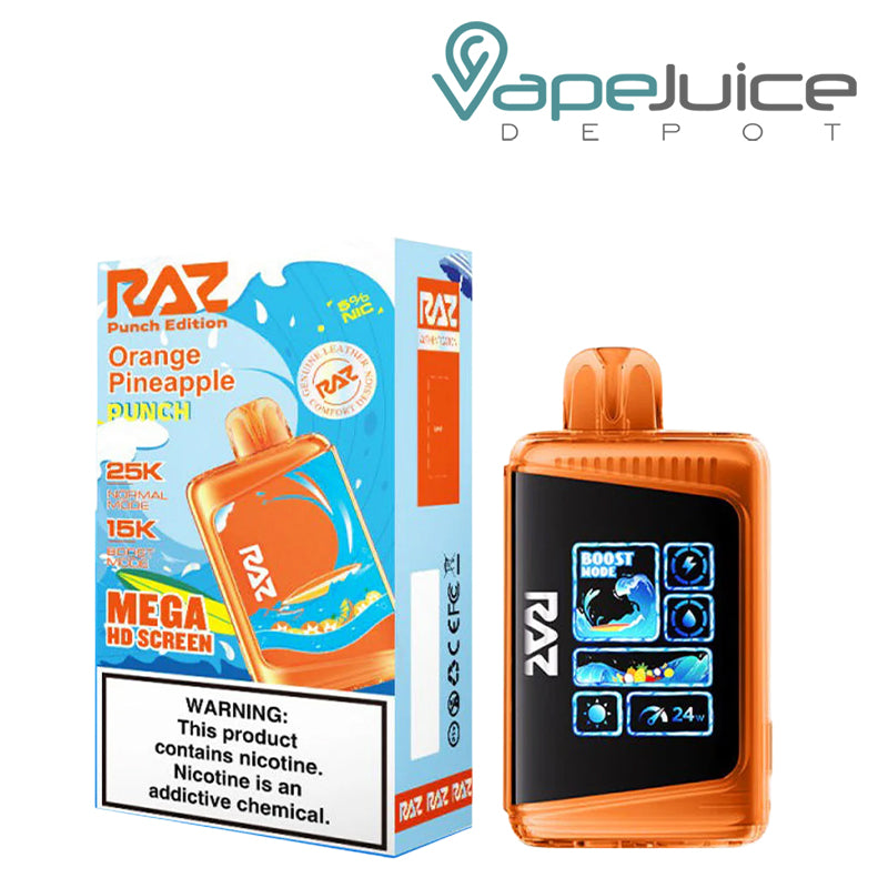 A Box of Orange Pineapple Punch RAZ LTX25000 Disposable Vape with a warning sign and a disposable with Mega HD Screen next to it - Vape Juice Depot