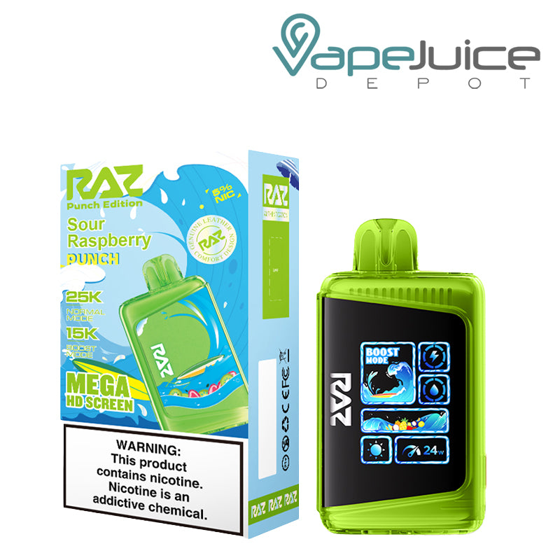A Box of Sour Raspberry Pounch RAZ LTX25000 Disposable Vape with a warning sign and a disposable with Mega HD Screen next to it - Vape Juice Depot