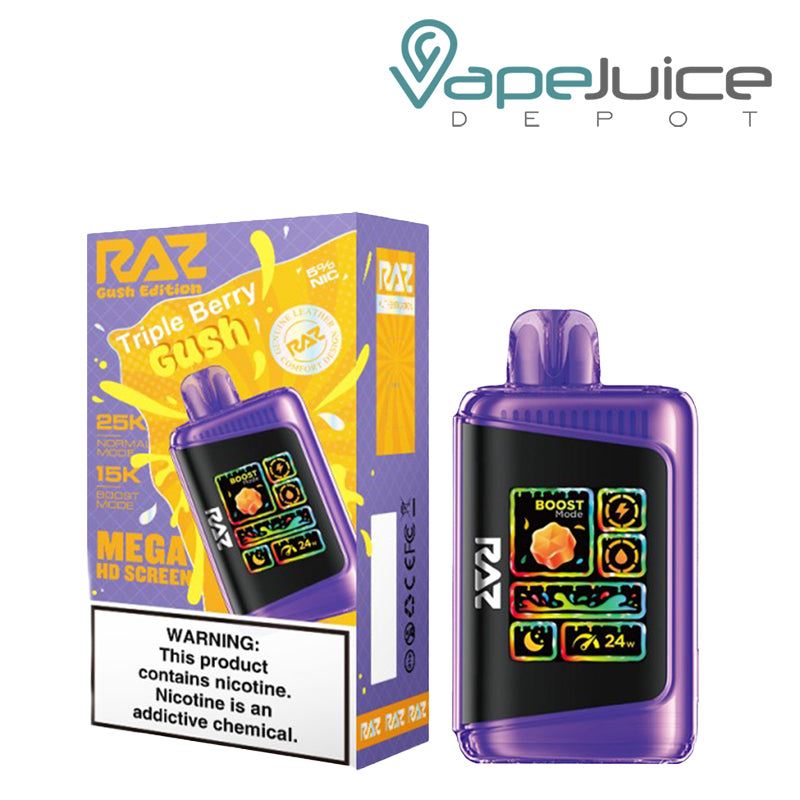 A Box of Triple Berry Gush RAZ LTX25000 Disposable Vape with a warning sign and a disposable with Mega HD Screen next to it - Vape Juice Depot