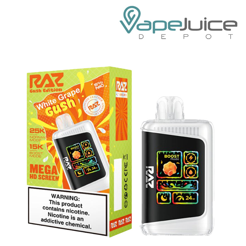 A Box of Qhitw Grape Gush RAZ LTX25000 Disposable Vape with a warning sign and a disposable with Mega HD Screen next to it - Vape Juice Depot