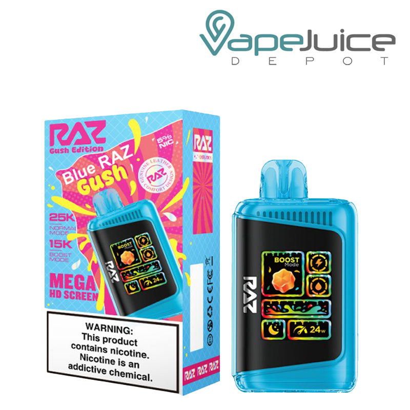 A Box of Blue Raz Gush RAZ LTX25000 Disposable Vape with a warning sign and a disposable with Mega HD Screen next to it - Vape Juice Depot