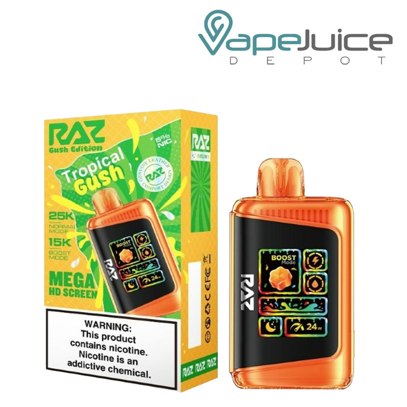 A Box of Frozen Juicy Strawberry RAZ LTX25000 Disposable Vape with a warning sign and a disposable with Mega HD Screen next to it - Vape Juice Depot