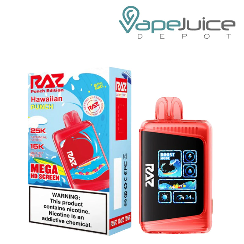 A Box of Hawaiian Punch RAZ LTX25000 Disposable Vape with a warning sign and a disposable with Mega HD Screen next to it - Vape Juice Depot
