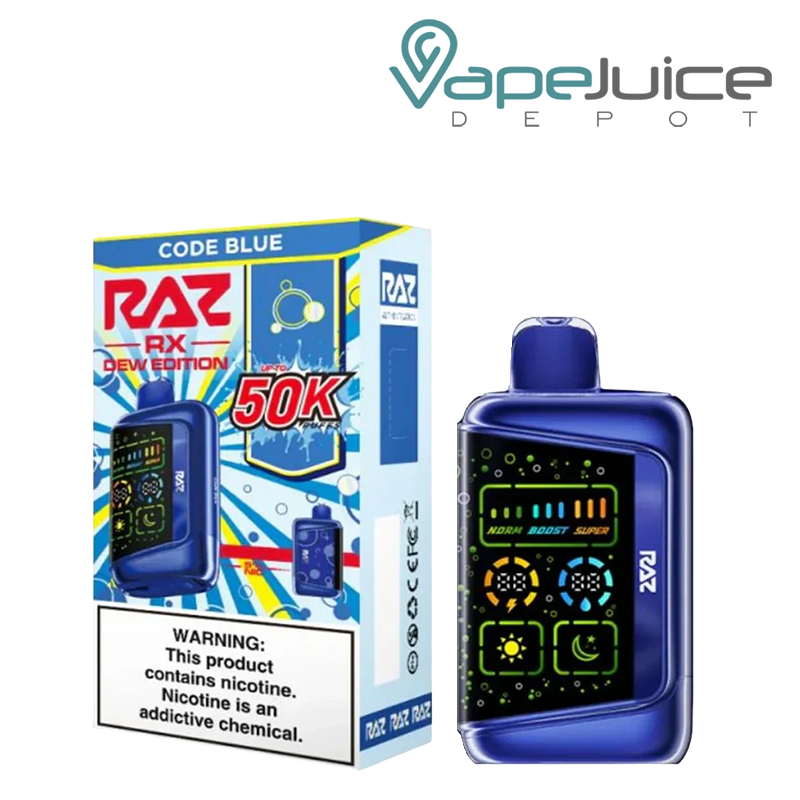 A Box of Code Blue RAZ RX 50K Dew Edition Disposable with a warning sign and a disposable next to it - Vape Juice Depot