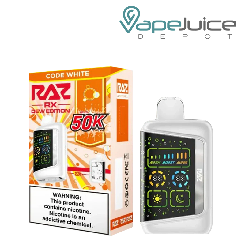 A Box of Code White RAZ RX 50K Dew Edition Disposable with a warning sign and a disposable next to it - Vape Juice Depot