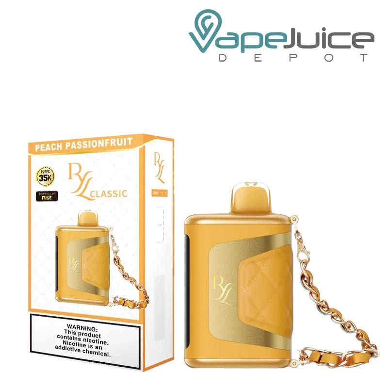 The Box of Peach Passionfruit RAZ RYL Classic 35K Disposable with a warning sign next to its device- Vape Juice Depot