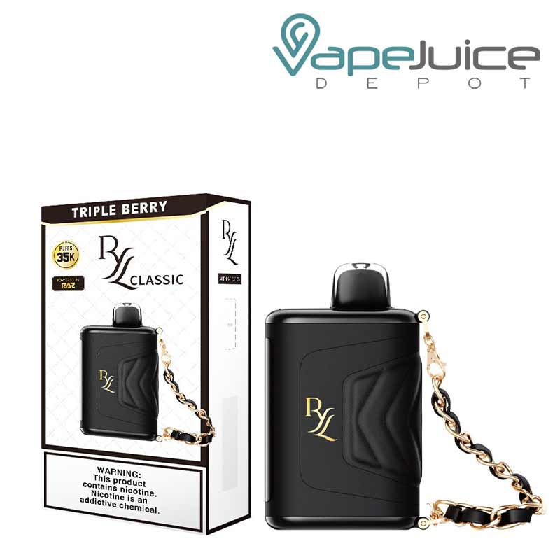 The Box of Triple Berry RAZ RYL Classic 35K Disposable with a warning sign next to its device- Vape Juice Depot