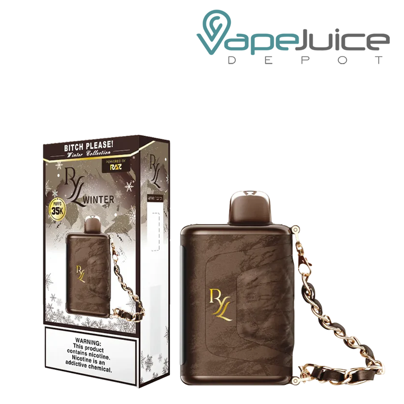 A Box of Bitch Please RAZ RYL Classic 35K Disposable with a warning sign and a device next to it - Vape Juice Depot
