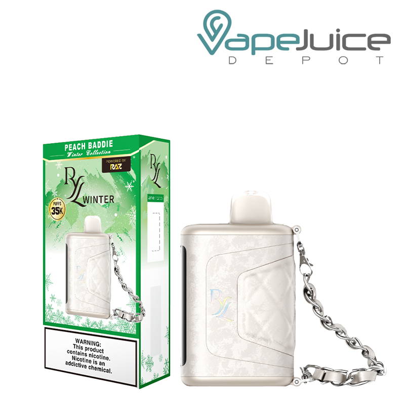 A Box of Peach Baddie RAZ RYL Classic 35K Disposable with a warning sign and a device next to it - Vape Juice Depot