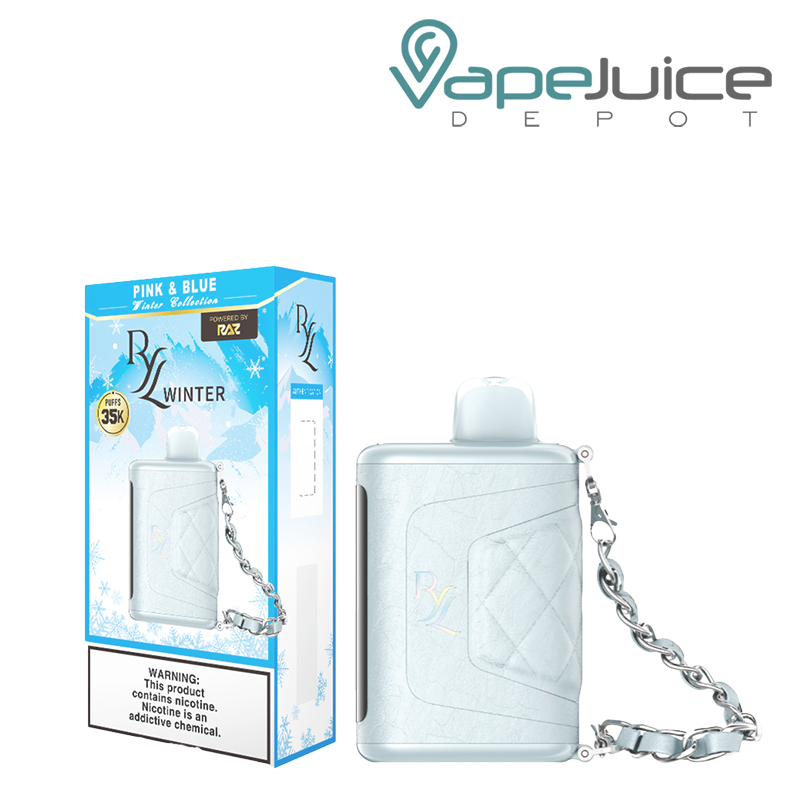 A Box of Pink & Blue RAZ RYL Classic 35K Disposable with a warning sign and a device next to it - Vape Juice Depot