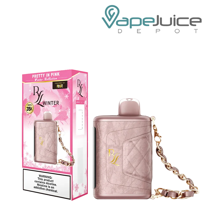A Box of Pretty in Pink RAZ RYL Classic 35K Disposable with a warning sign and a device next to it - Vape Juice Depot
