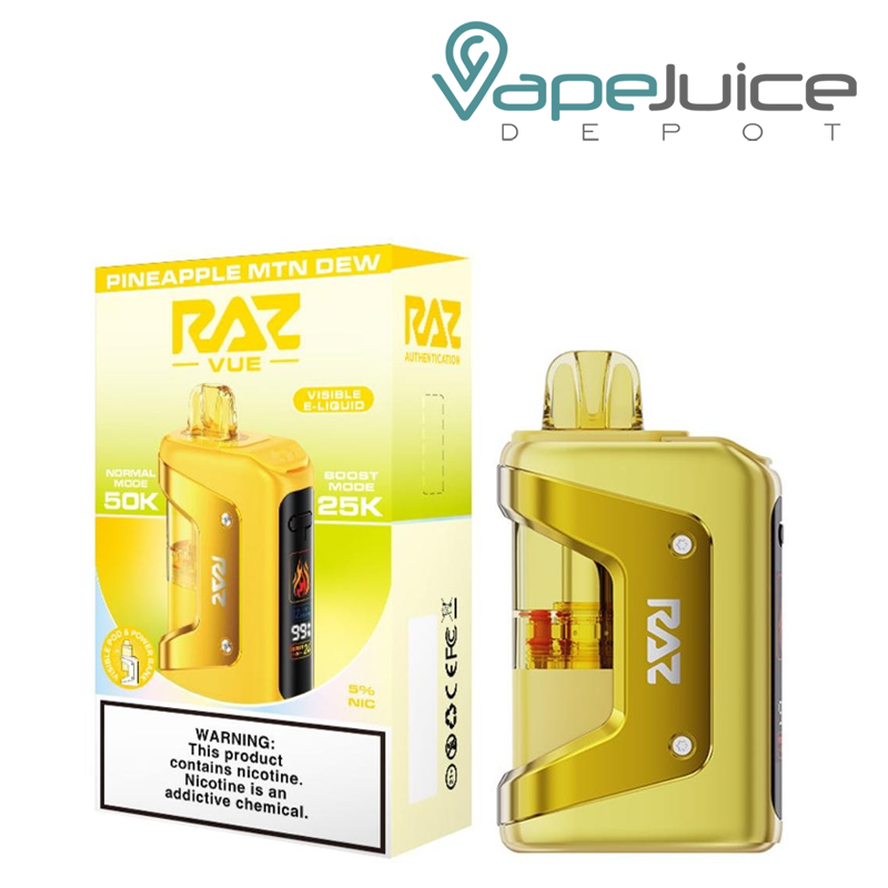 A Box of Pineapple Mtn Dew RAZ Vue 50K Disposable Kit with a warning sign and a device next to it - Vape Juice Depot