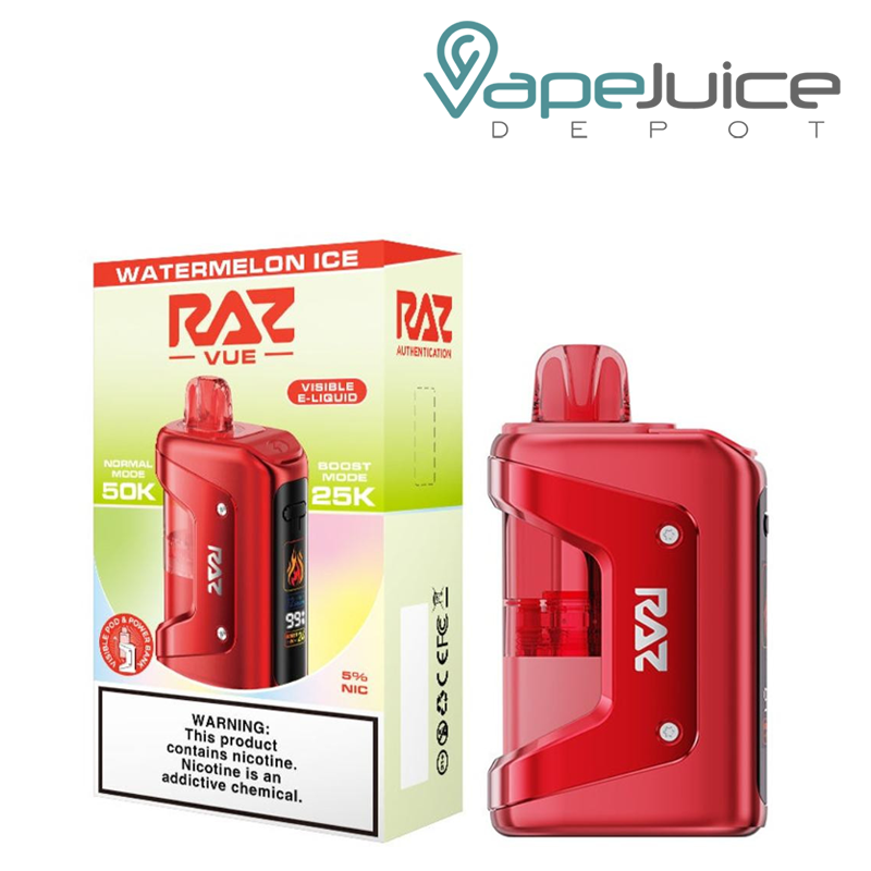 A Box of Watermelon Ice RAZ Vue 50K Disposable Kit with a warning sign and a device next to it - Vape Juice Depot