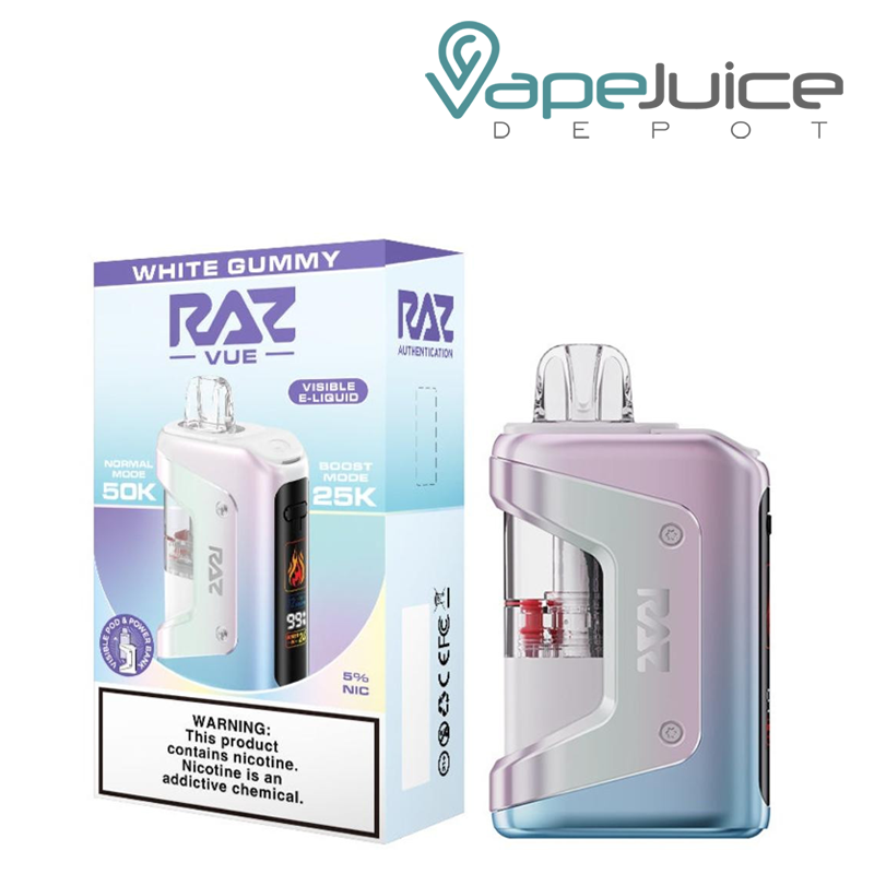 A Box of White Gummy RAZ Vue 50K Disposable Kit with a warning sign and a device next to it - Vape Juice Depot