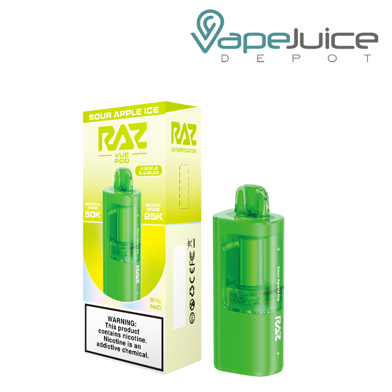 A Box of Sour Apple Ice RAZ Vue 50K Disposable Pod with a warning sign and a pod next to it - Vape Juice Depot