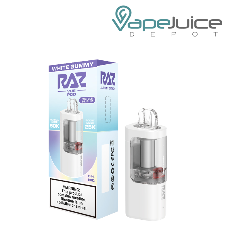 A Box of White Gummy RAZ Vue 50K Disposable Pod with a warning sign and a pod next to it - Vape Juice Depot