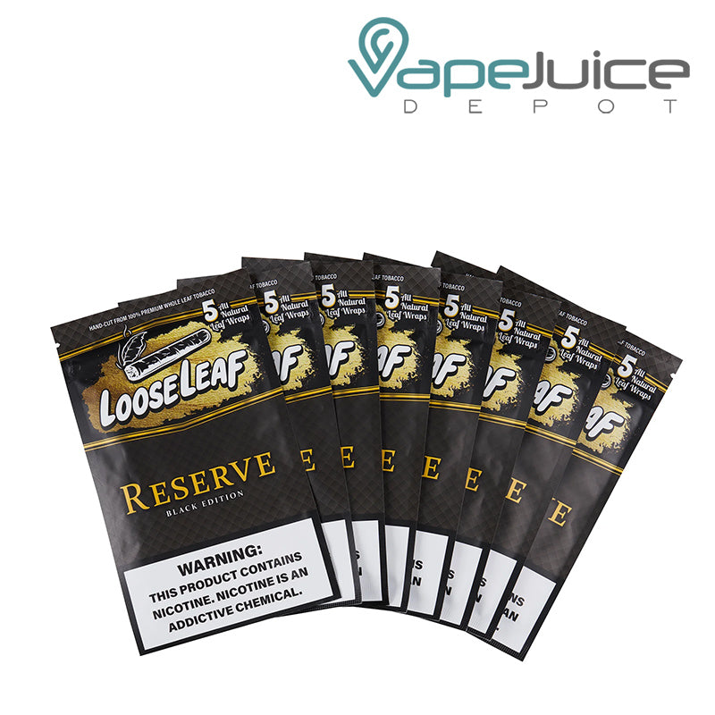 8-pack of Reserve Black Looseleaf Leaf Mini Wraps with a warning sign - Vape Juice Depot