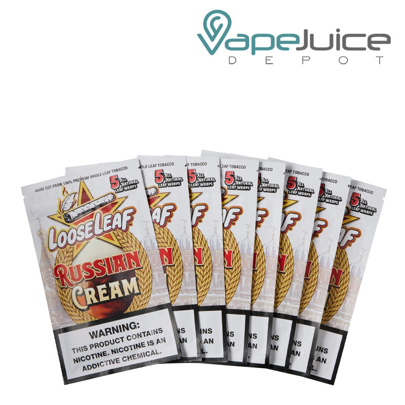 8-pack of Russian Cream Looseleaf Leaf Mini Wraps with a warning sign - Vape Juice Depot