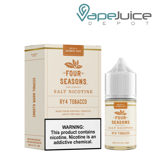 A box of RY4 Tobacco Salt Four Seasons with a warning sign and a 30ml bottle next to it - Vape Juice Depot