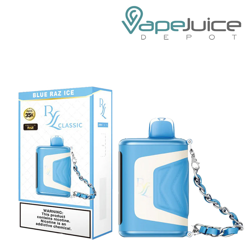 The Box of Blue Razz Ice RAZ RYL Classic 35K Disposable with a warning sign next to its device- Vape Juice Depot