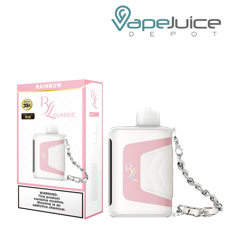 The Box of Rainbow RAZ RYL Classic 35K Disposable with a warning sign next to its device- Vape Juice Depot