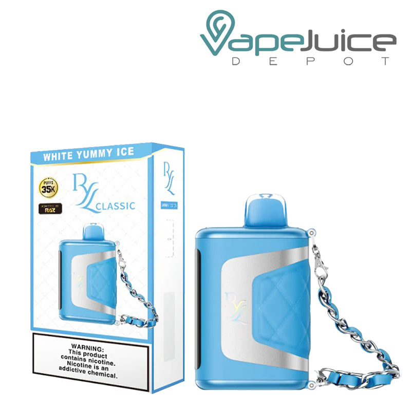 The Box of White Yummy Ice RAZ RYL Classic 35K Disposable with a warning sign next to its device- Vape Juice Depot