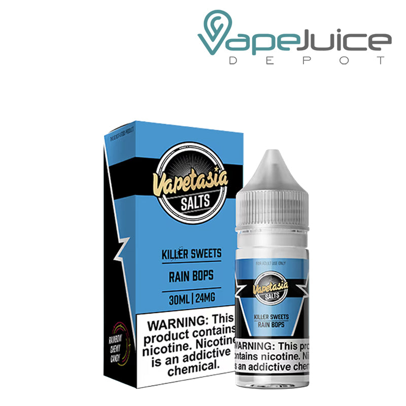 A box of Rain Bops Vapetasia Salts with a warning sign and a 30ml bottle next to it - Vape Juice Depot