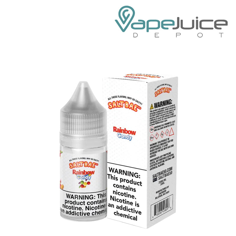 A 30ml bottle of Rainbow Candy SaltBae50 Salt and a box with a warning sign next to it - Vape Juice Depot