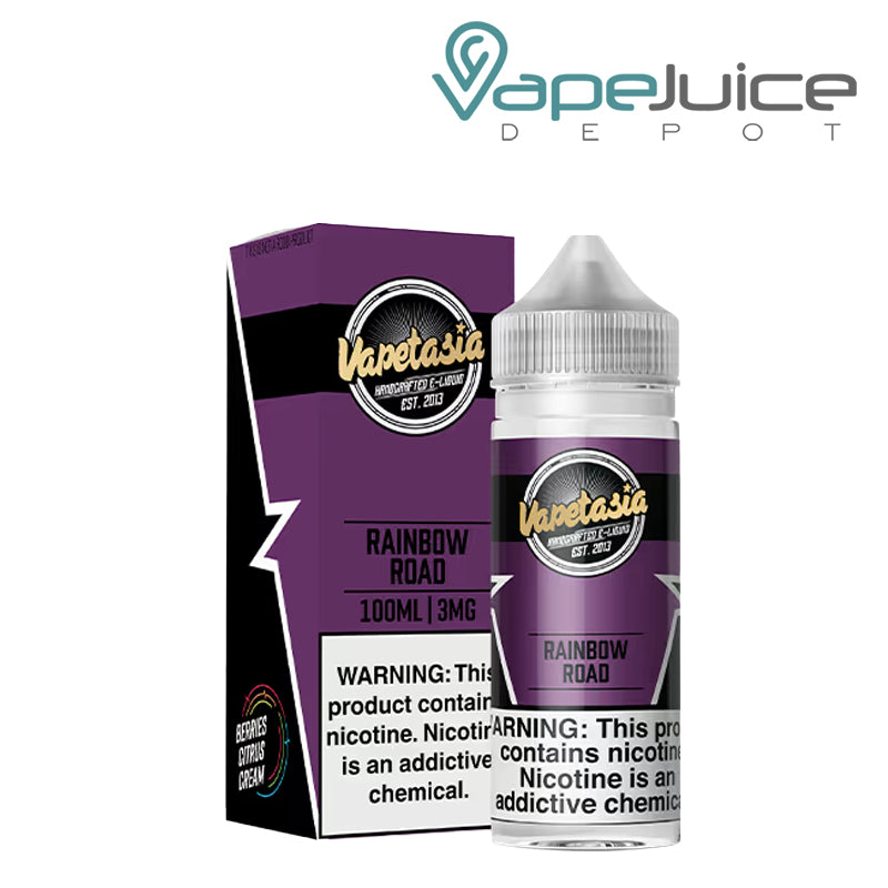 A box of Rainbow Road Vapetasia eLiquid with a warning sign and a 100ml bottle next to it - Vape Juice Depot