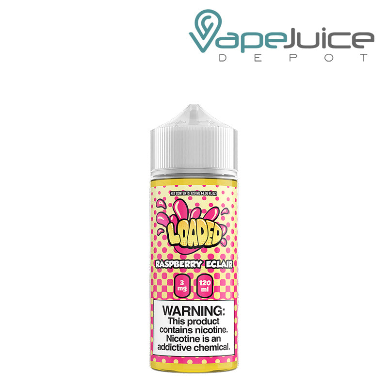 A 120ml bottle of Raspberry Eclair LOADED eLiquid with a warning sign - Vape Juice Depot