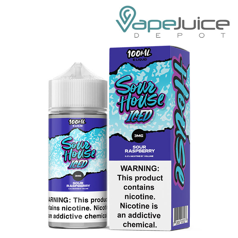 A 100ml bottle of Raspberry Iced Sour House eLiquid with a warning sign and a box next to it - Vape Juice Depot
