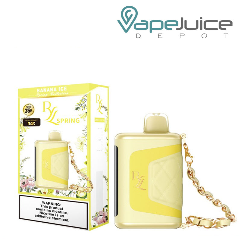 The Box of Banana Ice RAZ RYL Classic 35K Disposable with a warning sign next to its device- Vape Juice Depot