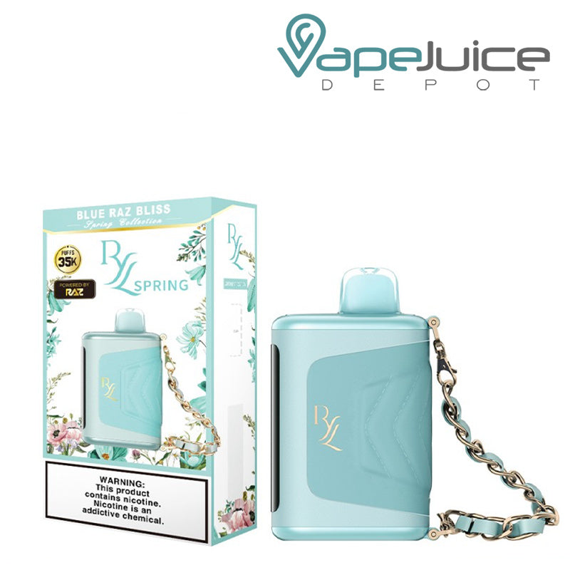 The Box of Blue Raz Bliss RAZ RYL Classic 35K Disposable with a warning sign next to its device- Vape Juice Depot