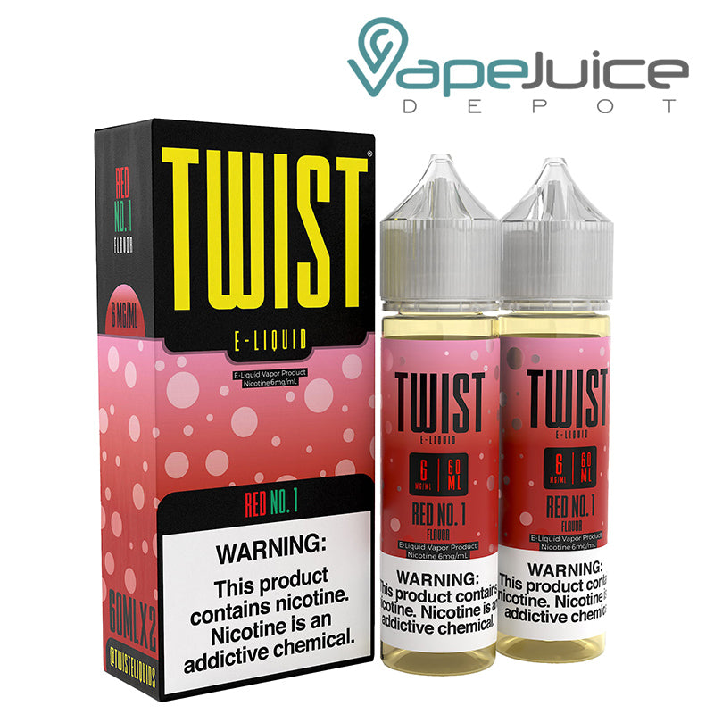 A box of Red No 1 Twist 6mg E-Liquid with a warning sign and two 60ml bottles next to it - Vape Juice Depot