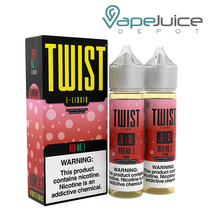 A box of Red No 1 Twist 3mg E-Liquid with a warning sign and two 60ml bottles next to it - Vape Juice Depot